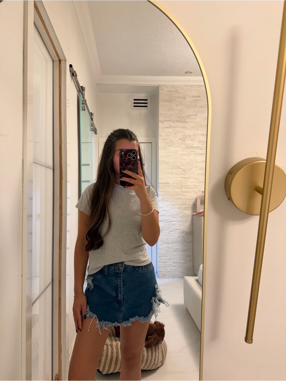 Casual Grey Tee with Blue Distressed Denim Skort